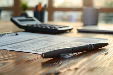 artistic-representation-of-tax-documents-a-pen-and-a-calculator-on-a-wooden-desk